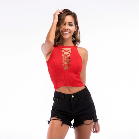 Women's Sleeveless Vest Straps Closure Crop Front Top Ribbed Tank Top(M L XL)