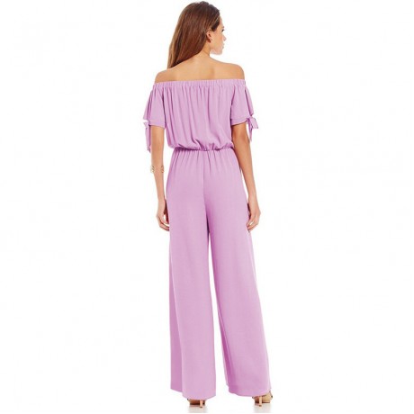 Womens Off Shoulder Solid Chiffon Strappy Sleeve Jumpsuit Wide Leg Rompers(S-XXL),11Colors