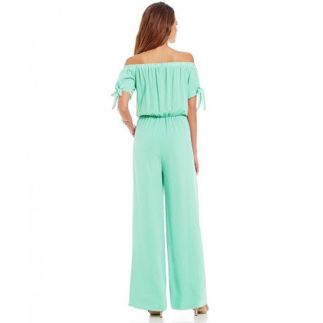 Womens Off Shoulder Solid Chiffon Strappy Sleeve Jumpsuit Wide Leg Rompers(S-XXL),11Colors