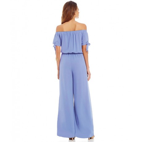 Womens Off Shoulder Solid Chiffon Strappy Sleeve Jumpsuit Wide Leg Rompers(S-XXL),11Colors