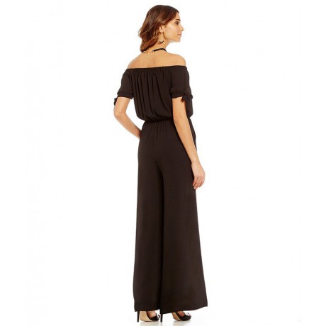Womens Off Shoulder Solid Chiffon Strappy Sleeve Jumpsuit Wide Leg Rompers(S-XXL),11Colors