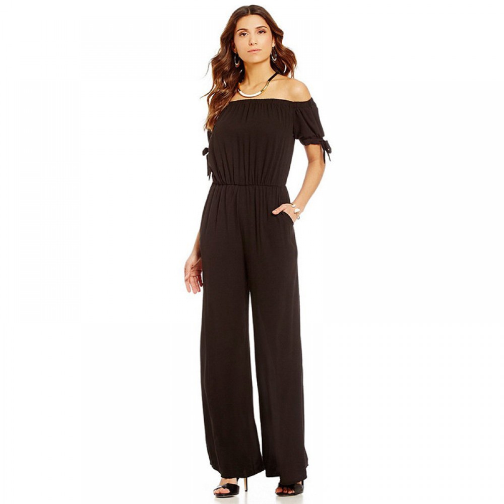 Womens Off Shoulder Solid Chiffon Strappy Sleeve Jumpsuit Wide Leg Rompers(S-XXL),11Colors