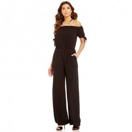 Womens Off Shoulder Solid Chiffon Strappy Sleeve Jumpsuit Wide Leg Rompers(S-XXL),11Colors