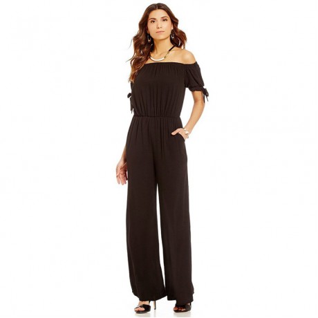 Womens Off Shoulder Solid Chiffon Strappy Sleeve Jumpsuit Wide Leg Rompers(S-XXL),11Colors