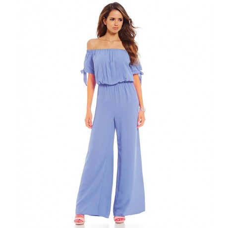 Womens Off Shoulder Solid Chiffon Strappy Sleeve Jumpsuit Wide Leg Rompers(S-XXL),11Colors