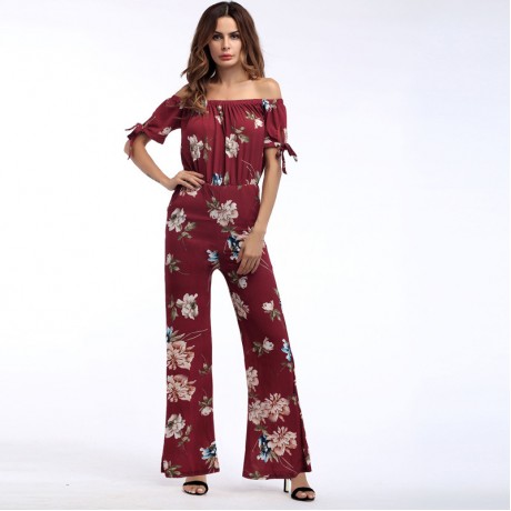 Womens Off Shoulder Solid Chiffon Strappy Sleeve Jumpsuit Wide Leg Rompers(S-XXL),11Colors