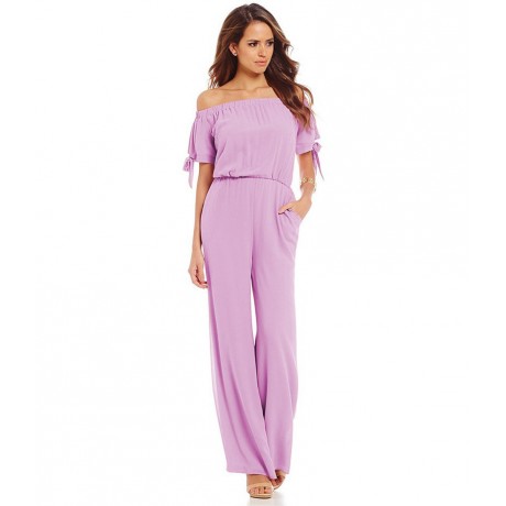 Womens Off Shoulder Solid Chiffon Strappy Sleeve Jumpsuit Wide Leg Rompers(S-XXL),11Colors