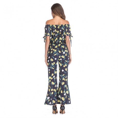 Womens Off Shoulder Solid Chiffon Strappy Sleeve Jumpsuit Wide Leg Rompers(S-XXL),11Colors