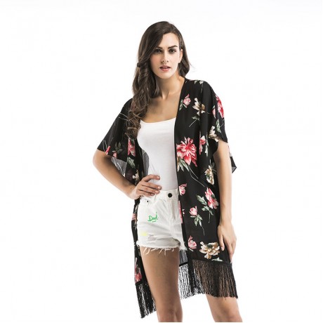 Women Floral Kimono Loose Half Sleeve Shawl Chiffon Tassel Casual Cardigan