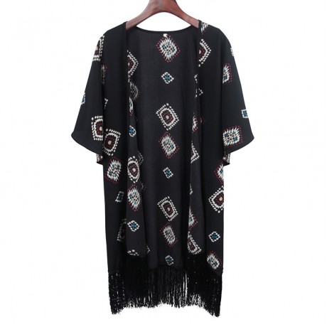 Women Floral Kimono Loose Half Sleeve Shawl Chiffon Tassel Casual Cardigan