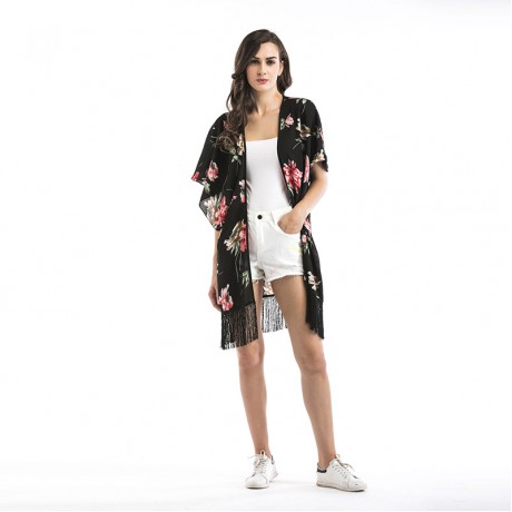 Women Floral Kimono Loose Half Sleeve Shawl Chiffon Tassel Casual Cardigan