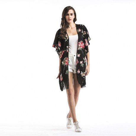 Women Floral Kimono Loose Half Sleeve Shawl Chiffon Tassel Casual Cardigan
