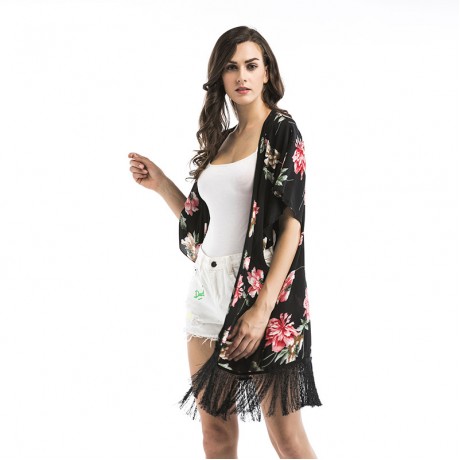 Women Floral Kimono Loose Half Sleeve Shawl Chiffon Tassel Casual Cardigan