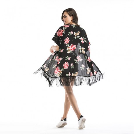 Women Floral Kimono Loose Half Sleeve Shawl Chiffon Tassel Casual Cardigan