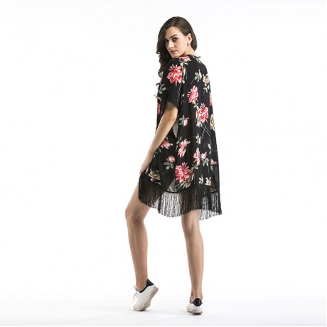 Women Floral Kimono Loose Half Sleeve Shawl Chiffon Tassel Casual Cardigan