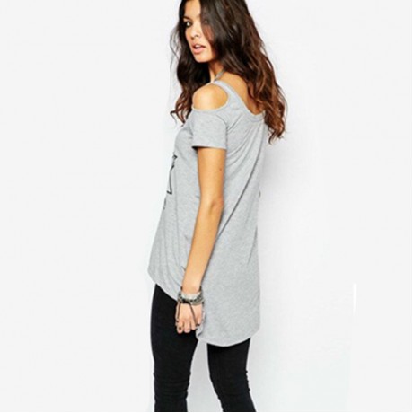 Women's Gray Cold Shoulder Asymmetry Geometric Printing High Low Blouses(S-XXL)