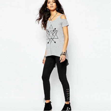 Women's Gray Cold Shoulder Asymmetry Geometric Printing High Low Blouses(S-XXL)