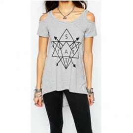 Women's Gray Cold Shoulder Asymmetry Geometric Printing High Low Blouses(S-XXL) 