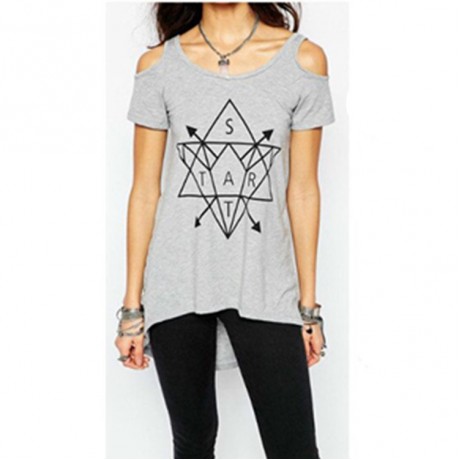 Women's Gray Cold Shoulder Asymmetry Geometric Printing High Low Blouses(S-XXL)