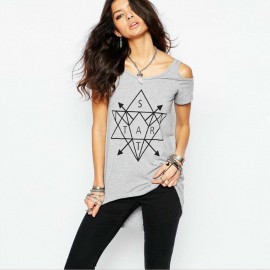 Women's Gray Cold Shoulder Asymmetry Geometric Printing High Low Blouses(S-XXL) 