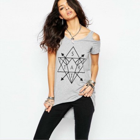 Women's Gray Cold Shoulder Asymmetry Geometric Printing High Low Blouses(S-XXL)