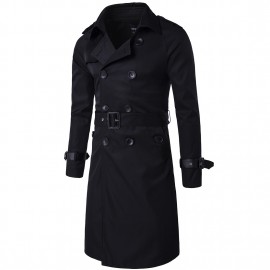  Men Long Slim Stylish Trench Coat Double Breasted Long Jacket Parka with Belt 