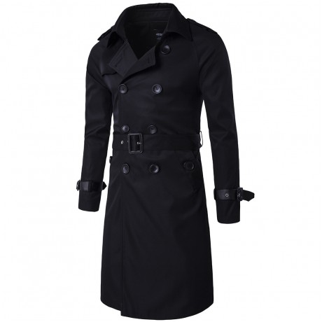  Men Long Slim Stylish Trench Coat Double Breasted Long Jacket Parka with Belt 