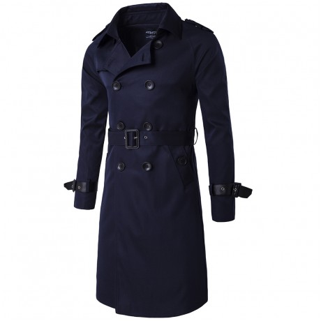  Men Long Slim Stylish Trench Coat Double Breasted Long Jacket Parka with Belt 