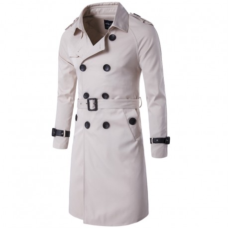  Men Long Slim Stylish Trench Coat Double Breasted Long Jacket Parka with Belt 