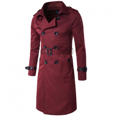  Men Long Slim Stylish Trench Coat Double Breasted Long Jacket Parka with Belt 