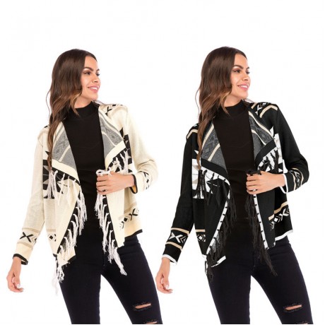  Women's Geometric Patterns  Knit Fringe Cardigan Sweater with Tassels