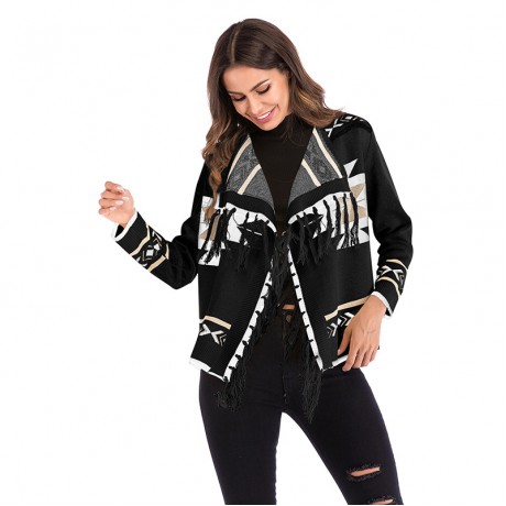  Women's Geometric Patterns  Knit Fringe Cardigan Sweater with Tassels