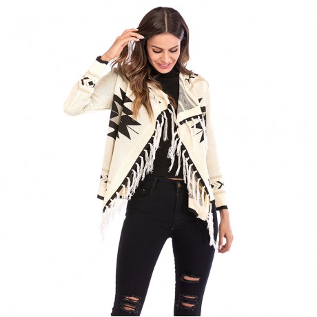  Women's Geometric Patterns  Knit Fringe Cardigan Sweater with Tassels