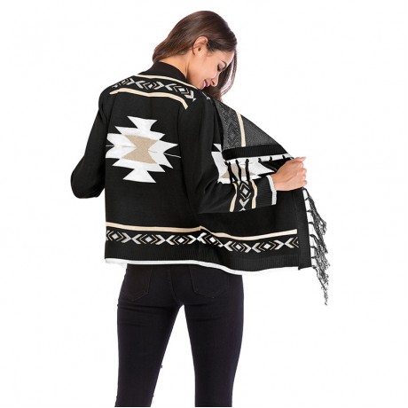  Women's Geometric Patterns  Knit Fringe Cardigan Sweater with Tassels