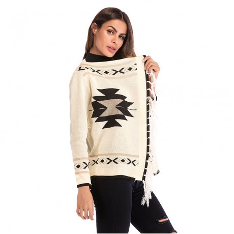  Women's Geometric Patterns  Knit Fringe Cardigan Sweater with Tassels