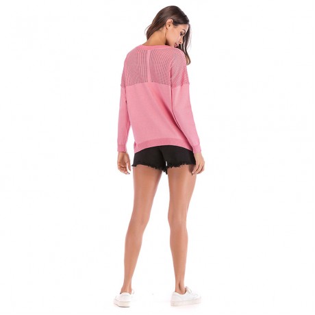 Long Sleeve Sweatshirts Openwork Stitching Sweater Top Solid Color for Women