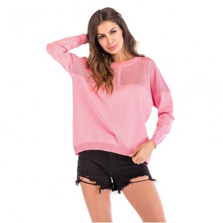 Long Sleeve Sweatshirts Openwork Stitching Sweater Top Solid Color for Women