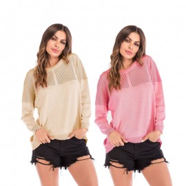 Long Sleeve Sweatshirts Openwork Stitching Sweater Top Solid Color for Women