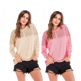 Long Sleeve Sweatshirts Openwork Stitching Sweater Top Solid Color for Women