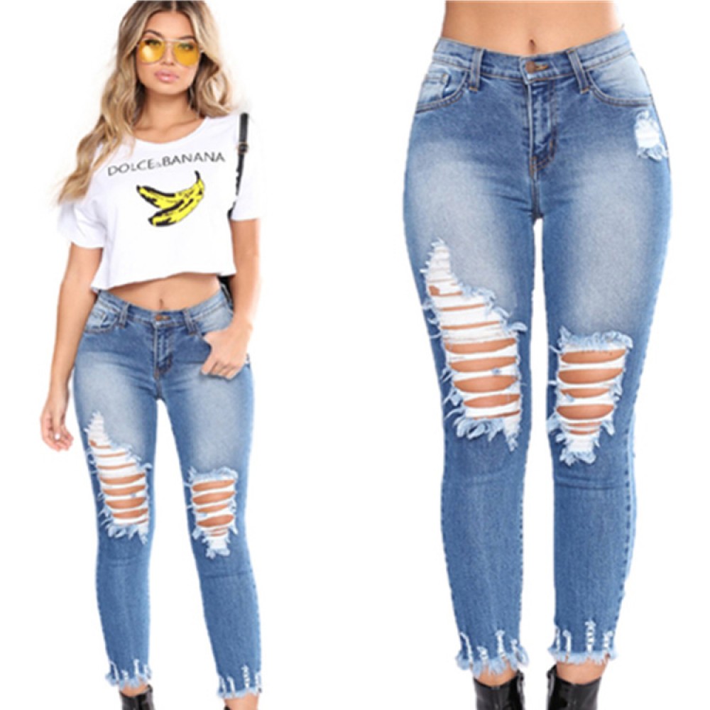  Women Casual Long Length Ripped Hole Trousers Pants Skinny Jeans