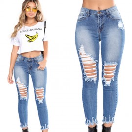  Women Casual Long Length Ripped Hole Trousers Pants Skinny Jeans 