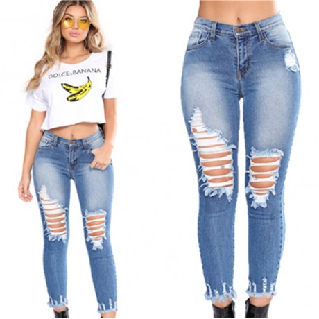  Women Casual Long Length Ripped Hole Trousers Pants Skinny Jeans