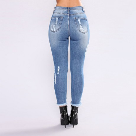  Women Casual Long Length Ripped Hole Trousers Pants Skinny Jeans