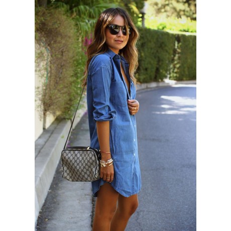 Denim Shirt Women Long Sleeve Stand Collar Tops with Chest Pockets