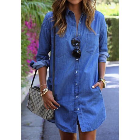 Denim Shirt Women Long Sleeve Stand Collar Tops with Chest Pockets