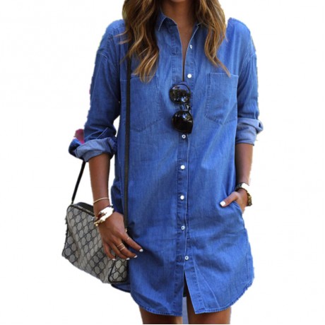 Denim Shirt Women Long Sleeve Stand Collar Tops with Chest Pockets