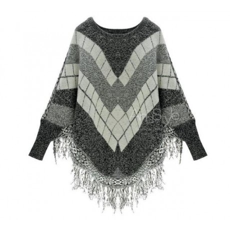  Womens Bat Long Sleeves Cloak Cape Loose Sweater Tassels Knit Jacket Fringed Hems with Tassels 
