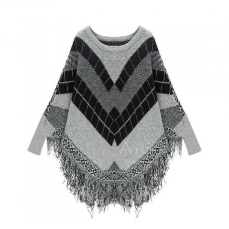  Womens Bat Long Sleeves Cloak Cape Loose Sweater Tassels Knit Jacket Fringed Hems with Tassels 