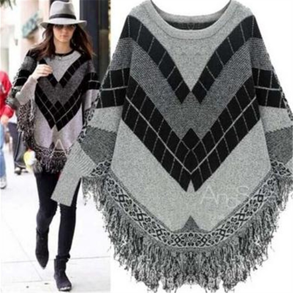  Womens Bat Long Sleeves Cloak Cape Loose Sweater Tassels Knit Jacket Fringed Hems with Tassels 