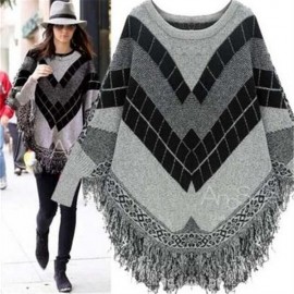  Womens Bat Long Sleeves Cloak Cape Loose Sweater Tassels Knit Jacket Fringed Hems with Tassels 